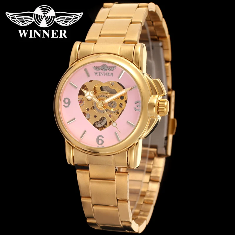 Gold Pink Победитель для женщин роскошный бренд золотой скелет нержавеющая сталь женские часы автоматические механические наручные часы Подарочная коробка Relogio relegs - Цвет: Gold Pink