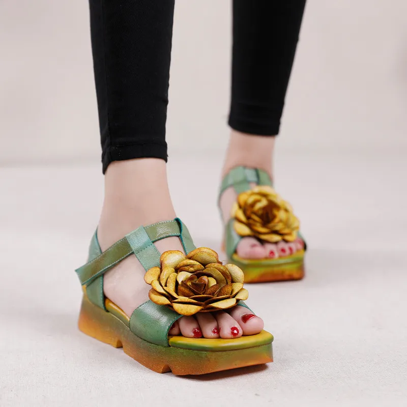 Genuine Leather Hand Painted Women Wedge Sandals Retro Flower Soft Ankle Strap Platform Sandal Retro Summer Lady Shoes High Heel (1)