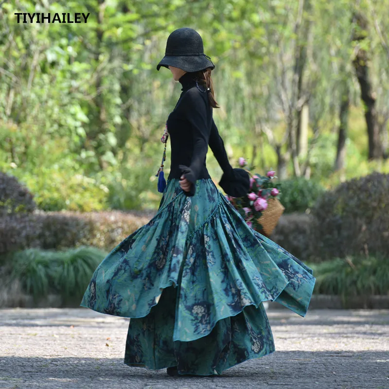 TIYIHAILEY Free Shipping Long Maxi A-line Elastic Waist Women Autumn  Winter Cotton Linen Skirts S-2XL Flower Print Blue Skirts janevini navy blue bride flower bouquet bridal blingbling crystal satin rose wedding bouquet beaded flower for bridesmaids 2019