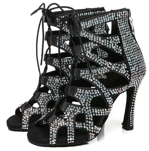 Latin Dance Shoes For Women Dance Shoes Cuban Heel Ballroom Shoes Women Dancing Boots Rhinestones Dance Sandals Jass Dance Black heel 6cm