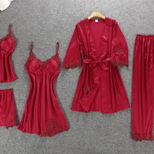 Красная леди 5 шт. ремень топ брюки костюм женщина пижама комплекты одежды для сна Весенняя домашняя ночная рубашка соблазнительное кимоно Халат