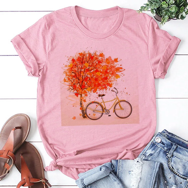 Pink T Shirt Women Beautiful Scenery Bicycle Vogue Casual Tshirt Harajuku Korean Style Graphic Tops Kawaii Short Sleeve T-shirt