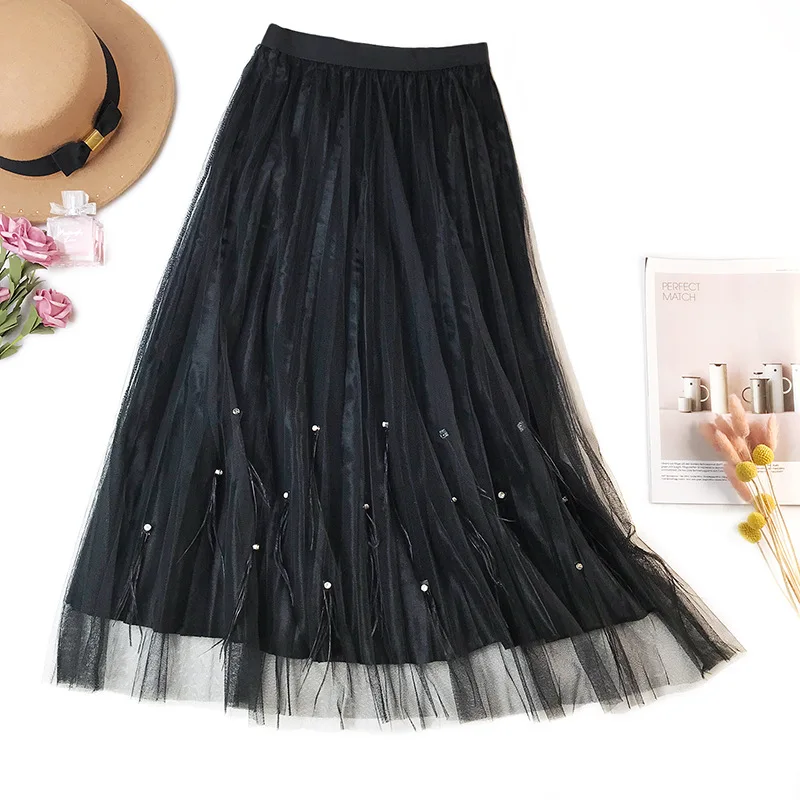 FairyShely, бархатная плиссированная длинная юбка с бисером, Женская осенне-зимняя эластичная юбка средней длины из розового тюля с высокой талией, модная одежда - Цвет: black velvet Skirt