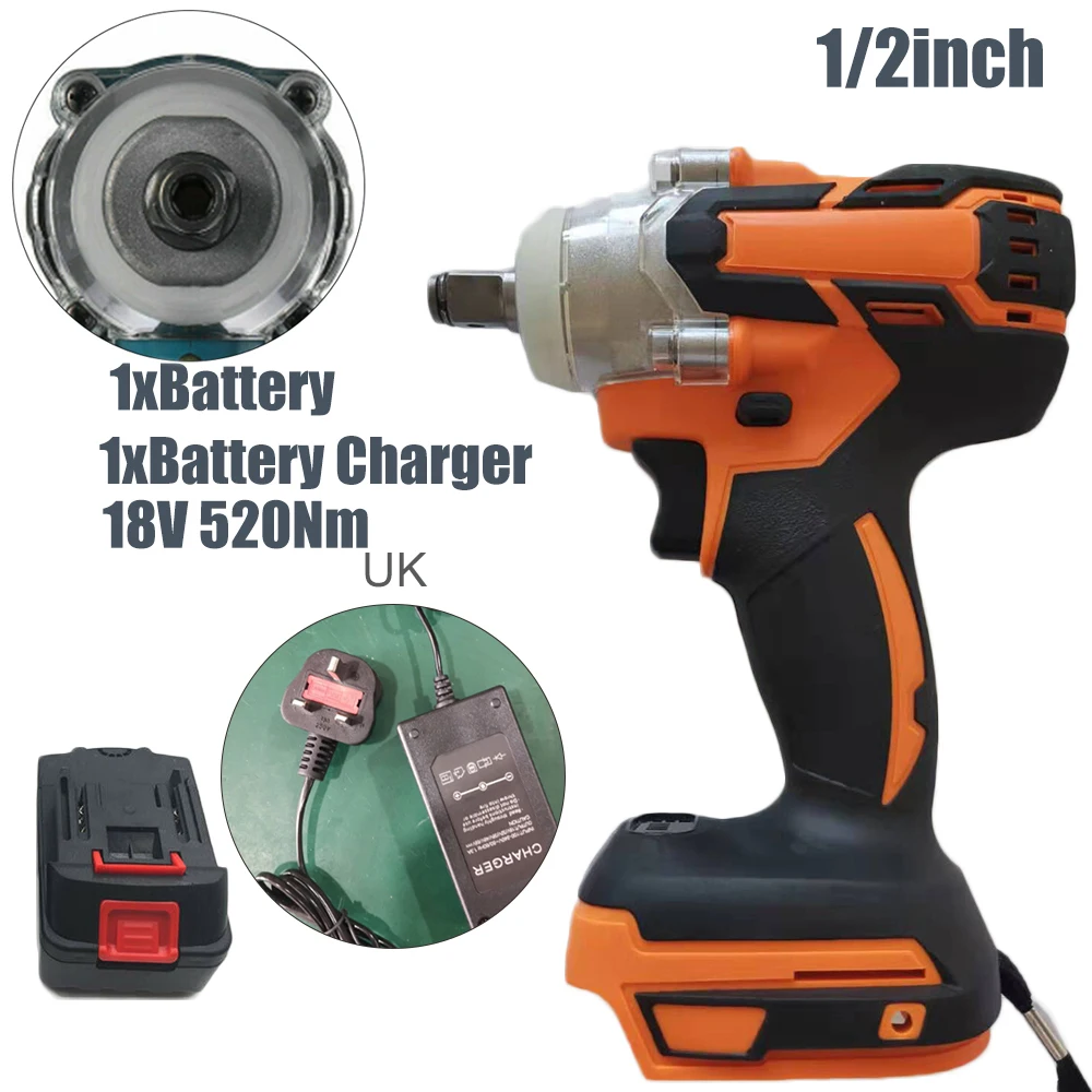 

Cordless Brushless 18V 1/2inch 520Nm Electric Impact Wrench Driver + Battery Set Charger For Construction Site Shelves, Maintena