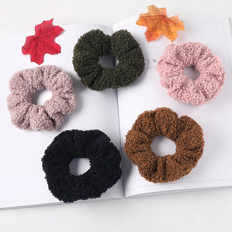 Women's Hair Accessories 2020 New Women Cute Teddy Velvet Scrunchies Elastic Hair Band Faux Fur Hair Rope Girl's Hair Tie Accessories Ponytail Holder big hair clips