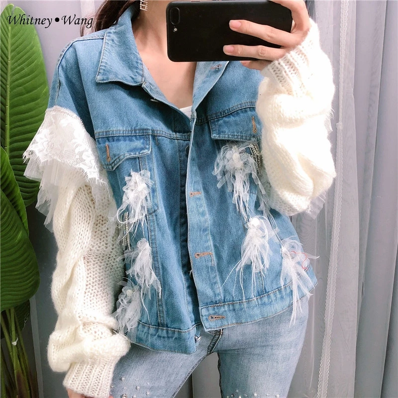 WHITNEY WANG Осенняя модная уличная дизайнерская стильная вязаная джинсовая куртка с перьями и кисточками женские изысканные джинсы пальто