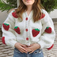

Women Fall Winter Single-breasted Cardigan Strawberry Embroidery V-neck Puff Long Sleeve Knitted Coat Slim Knitwear