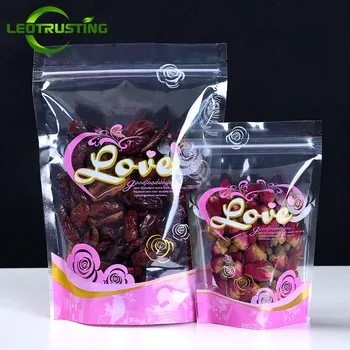 

Leotrusting 100pcs Stand up Plastic Ziplock Bag Clear Window Pink Love Coffee Snack Cookie Bakery Packaging Bag Plastic Gift Bag