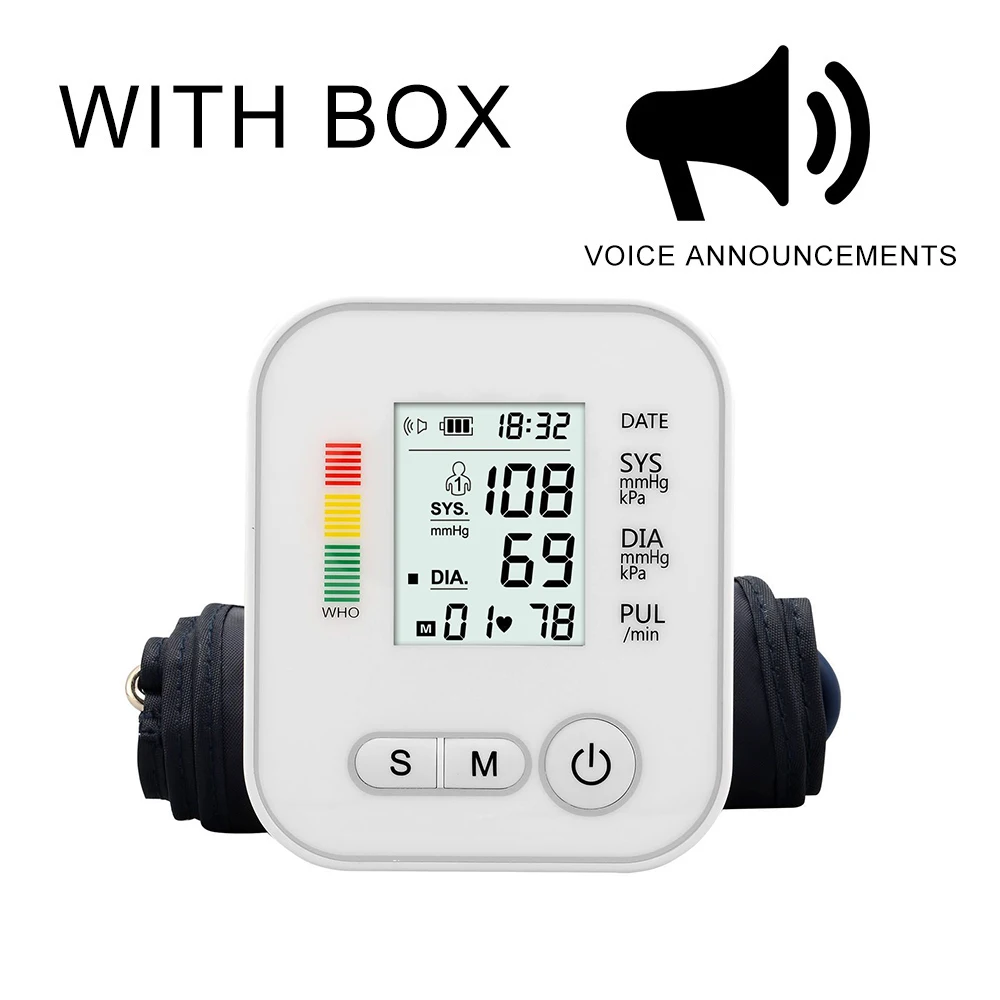 WITH VOICE WITH BOX Электрический медицинское оборудование Монитор артериального давления на руку автоматический тонометр аппарат для измерения давления пульсометр - Цвет: WITH VOICE WITH BOX