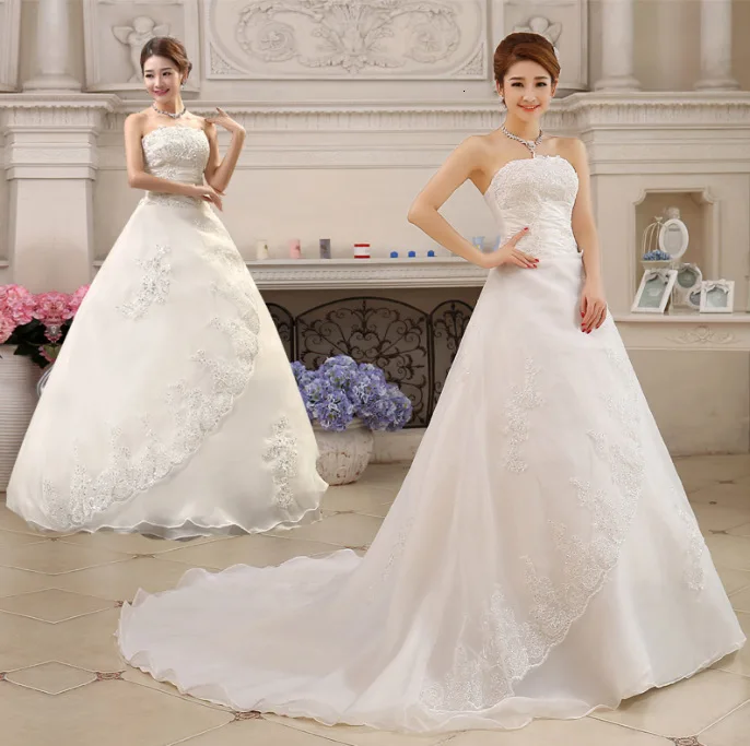 

Hot New Arrival Long Tailing Wedding Dresses Full Dress Bride Sleeveless Thin Court Train Ivory Wedding Ball Gowns As Pictures