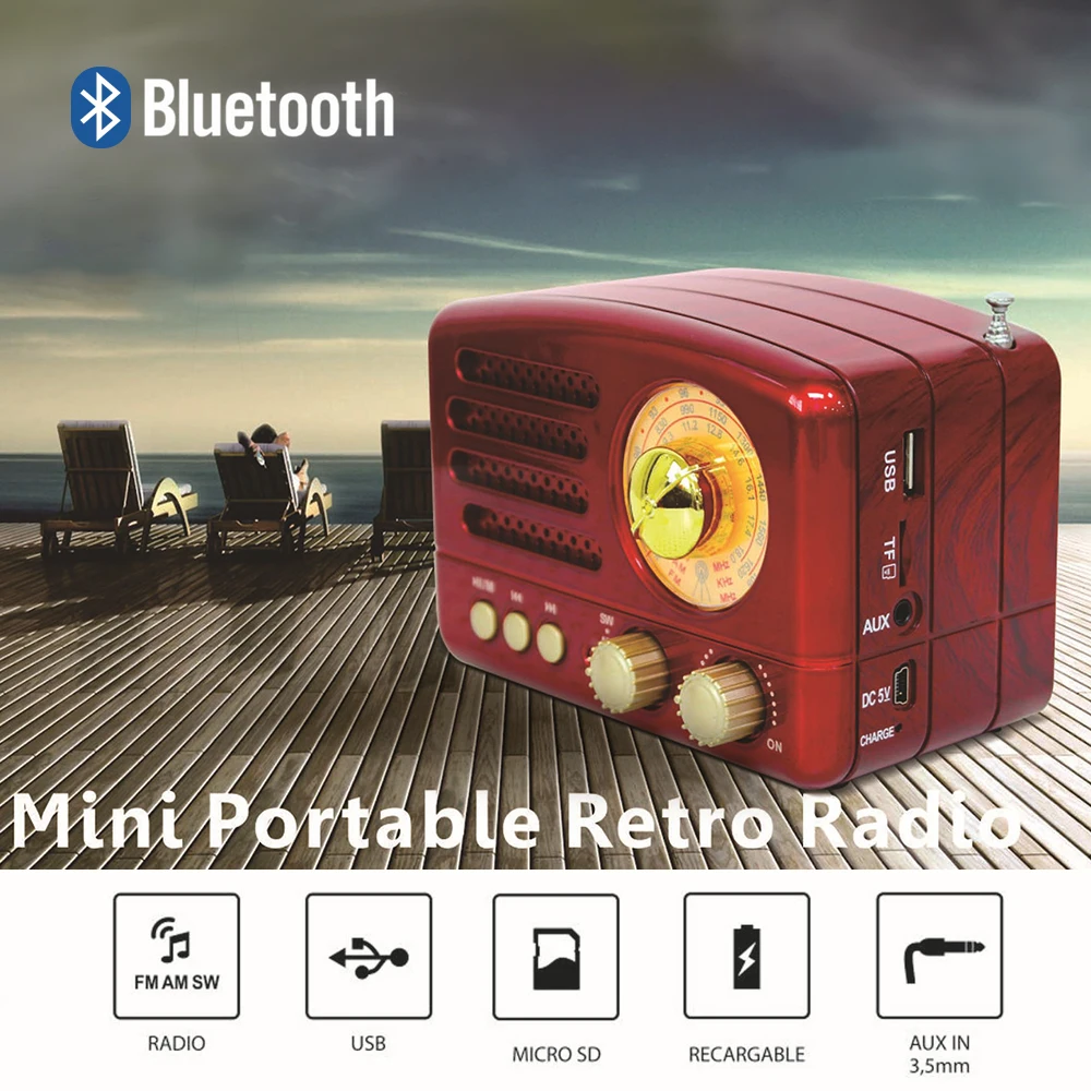 

Retro Radio Bluetooth Handheld Receiver AM FM Speaker USB TF MP3 Phone Music Player Rechargeable Radio