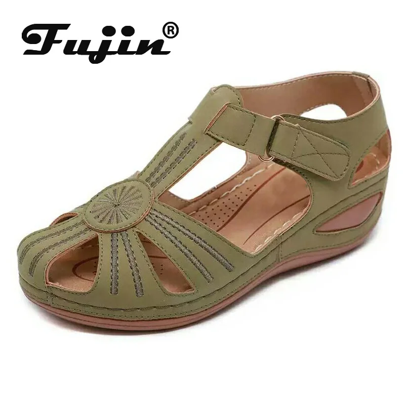 

Fujin Women Sandals Summer 2020 Fashion Wedges Hook Loop Open Breathable Thick Bottom Low Heel Round Toe Leisure Women Shoes