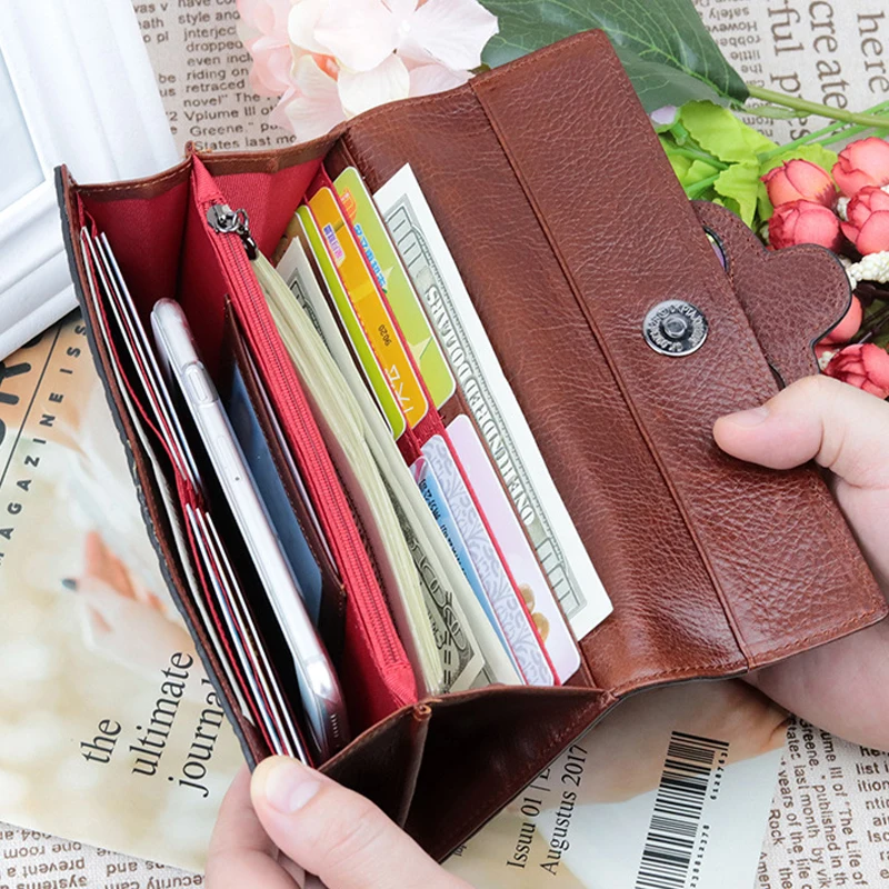 Retro Embossed Women's Clutch Premium Genuine Oil Waxing Leather Unique Embossed Floral Woman Purse  Long Cover Style Wallets
