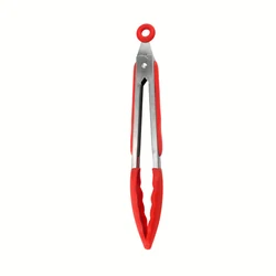 Silicone Stainless Steel Non-Stick Barbecue Cooking Tongs with Locking Mechanism (Red Tongs)
