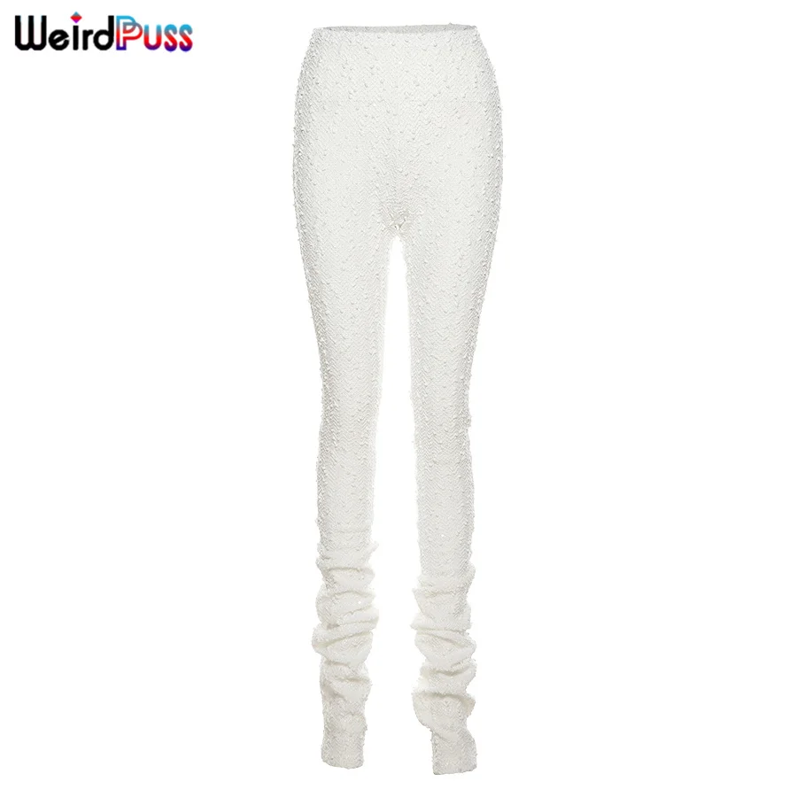 Weird Puss Shaggy Pencil Pants Women Casual Glitter High Waist Trousers Sporty Wild Streetwear Skinny Stretchy Autumn Bottoms cropped leggings