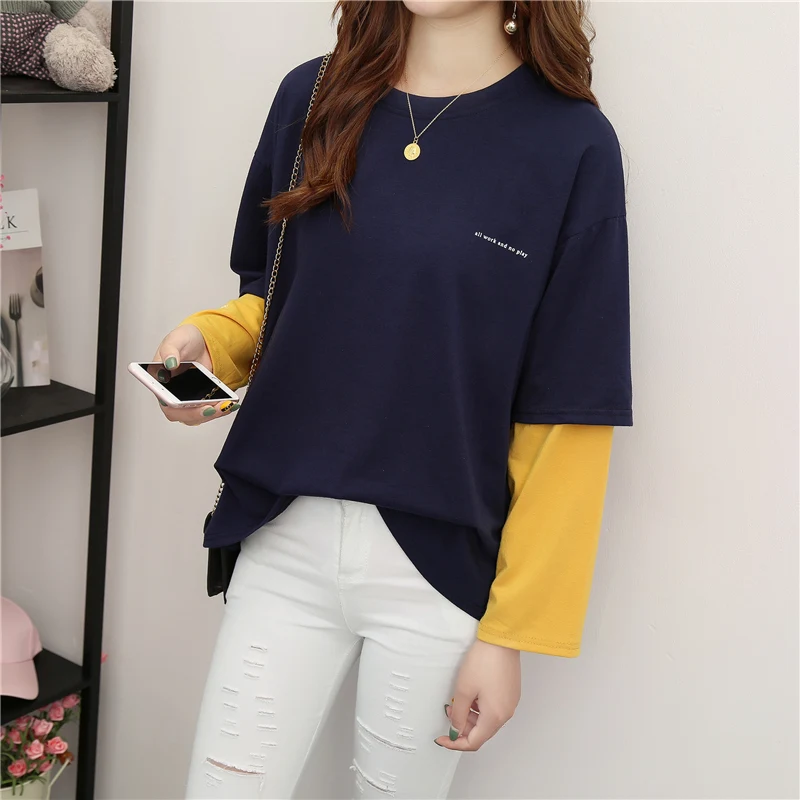 Harajuku корейский с принтом в стиле пэчворк футболки поддельные 2 шт. o-образным вырезом с длинным рукавом рубашка Женская Повседневная негабаритная Женская футболка Топы