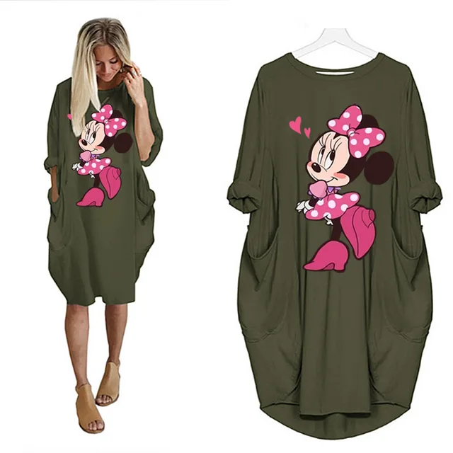 Disney Plus Size Midi Dress Long Sleeve Robe Casual Minnie Mickey Mouse Print Beach Loose Dresses Kawaii Sundress Women Clothing D002H1688 Green