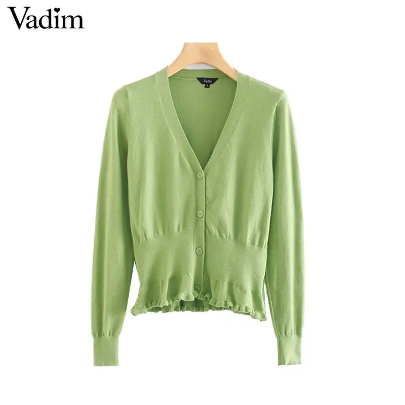 

Vadim women elegant ruffled knitted cardigan long sleeve V neck single breasted sweater female casual outwear tops HA425