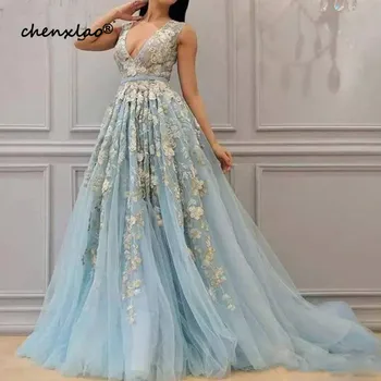 

New Arrival Baby Blue Long Prom Dresses 3D Handmade Floral Flowers Romantic Evening Dress V Neck Zipper Vestido de festa longo -