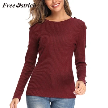 

FREE OSTRICH Pullover large size women's button knit solid color long-sleeved round neck T-shirt sweater Slim stretch sweater