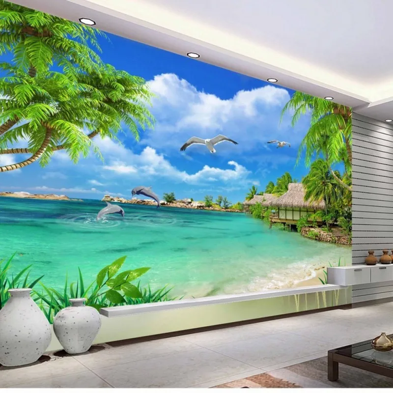 

Drop Shipping Wallpaper HD Wallpaper Blue Ocean Coco Tree Landscape View Living Room TV Backdrop Lobby Mural Custom 3D Wallpaper
