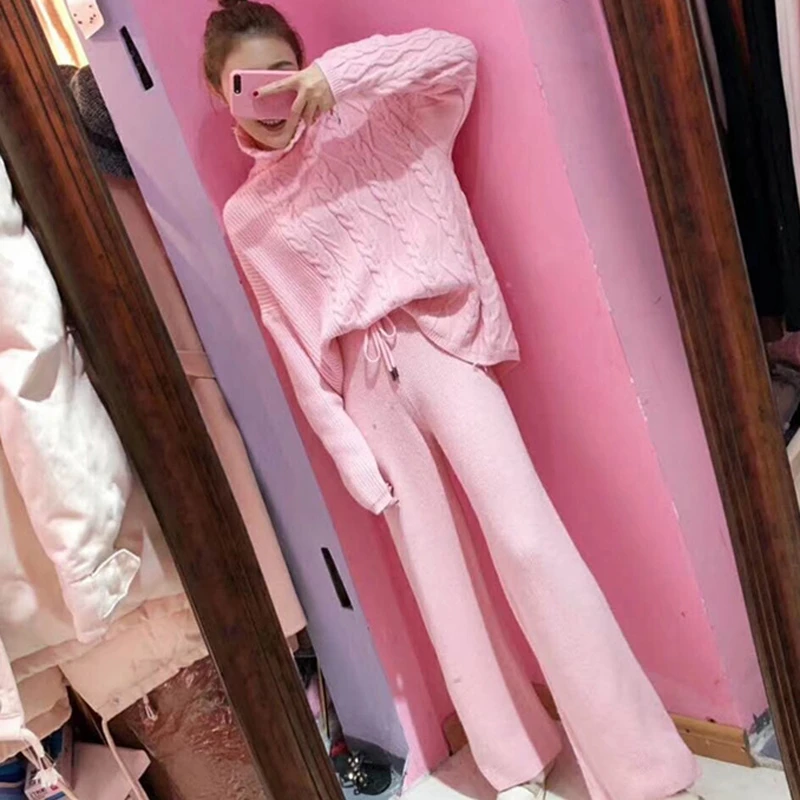 

pink Sweater knitted warm 2 piece set Women's Suit outfits 2019 Winter Hemp Pattern Turtleneck top Wide Leg Pants Two-piece Suit