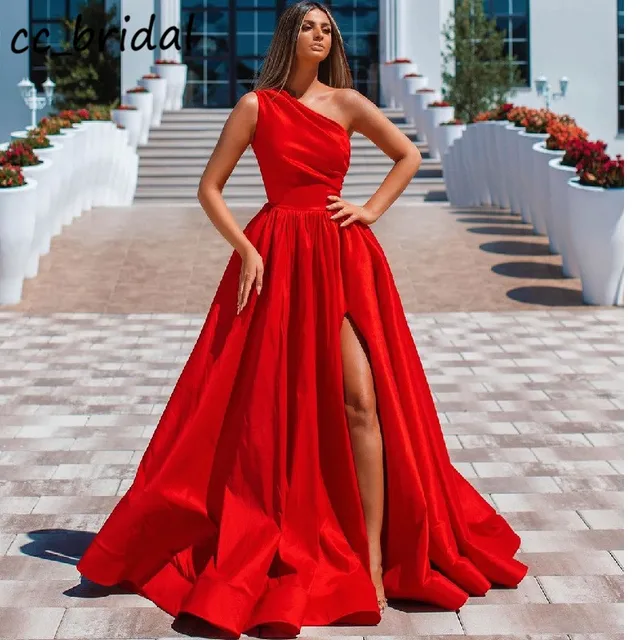 LoieMandy Elegant One Shoulder Prom Dresses Long 2020 Luxury Red Satin Dress Woman Party Night with Pocket