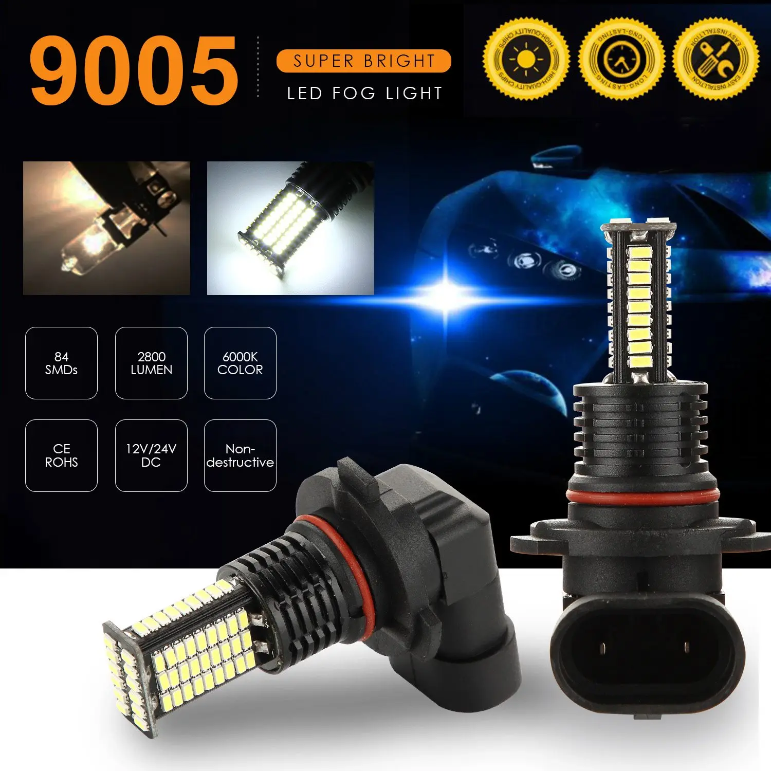 2Pcs 9005 LED Fog Light Bulbs DRL 3200 Lumens Super Bright 84-SMD 12V 24V 9005/HB3 Replacement for Cars Trucks 6000K | Автомобили и