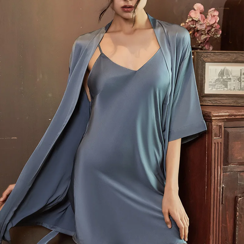 Solid Color Sleepwear Intimate Lingerie Sexy Homewear Nighty&robe Women 2Pcs Robe Nightdress Set Rayon Silk Bathrobe Nightgown