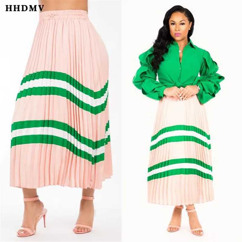 HHDMV GLSD18313 fashion elegant high street girl style long skirt high waist elastic simple striped pleated ankle-length skirt
