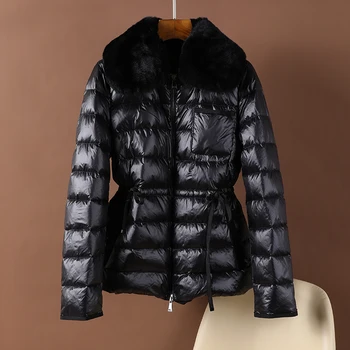 

Down Jacket Women Winter Style 90 White Duck Down Short Rabbit Hair Collar Loose Coat Drawstring At Waist Slant Pocket
