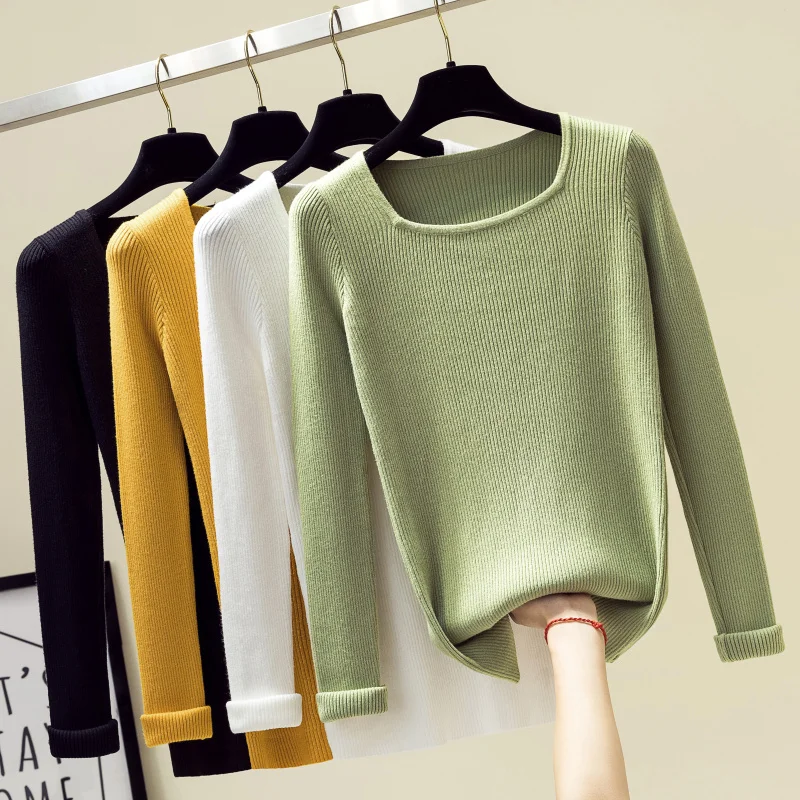 

Women Knitted Square Collar Long-sleeved Soft Solid Baisc Autumn Sweaters Pullovers Female Knitting Sweaters Jumpers Tops Girls