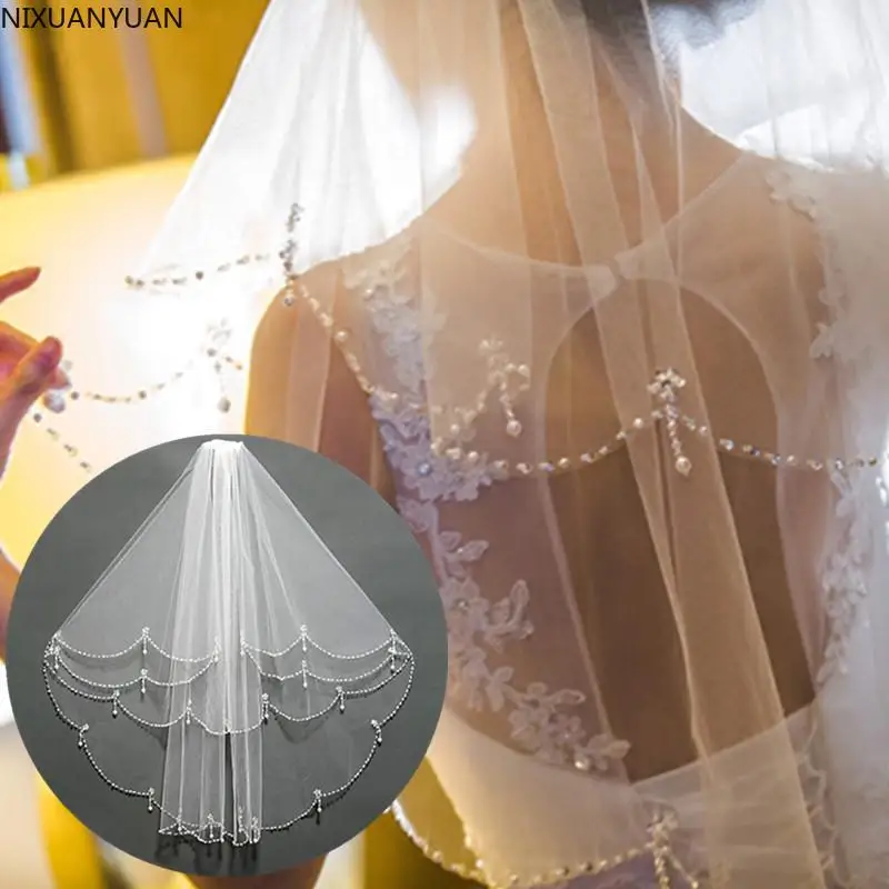 

Wholesale White/Ivory Bride Wedding Accessories with Insert Comb Edge Ruffles 2 Layers Beading Bridal Veils