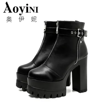 

2019 Ultra High Platform Heels Women Ankle Boots Black Female High Heels Leather Shoes Round Toe Ladies Party Shoe Spring