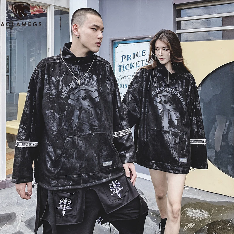 

Aolamegs Sweatshirt Men Hip Hop Punk Diablo style Big Pockets Drawstring Standing Collar Fashion High Street Pullover Streetwear