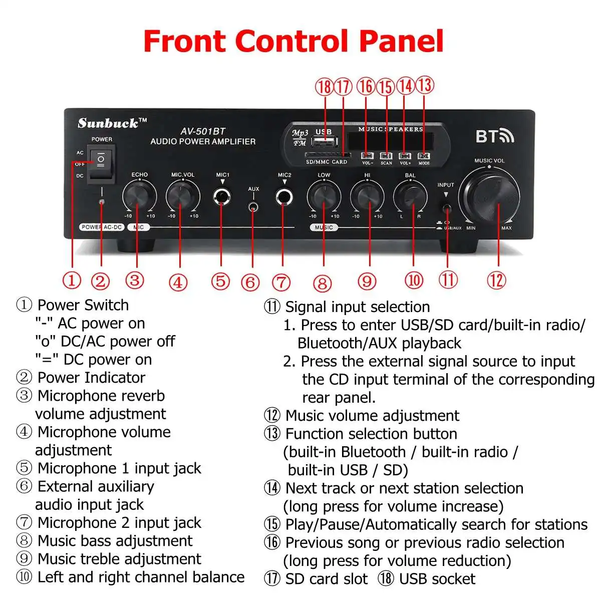 SUNBUCK 2500W 110/220V bluetooth Dual Channel Karaoke Mic Input Digital Reverb Home Stereo Amplifier Support USB SD FM AUX Input 2