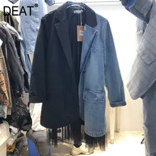 DEAT новая весенняя и летняя модная женская одежда сезонная джинсовая Лоскутная куртка с отложным воротником и длинными рукавами WF71801L