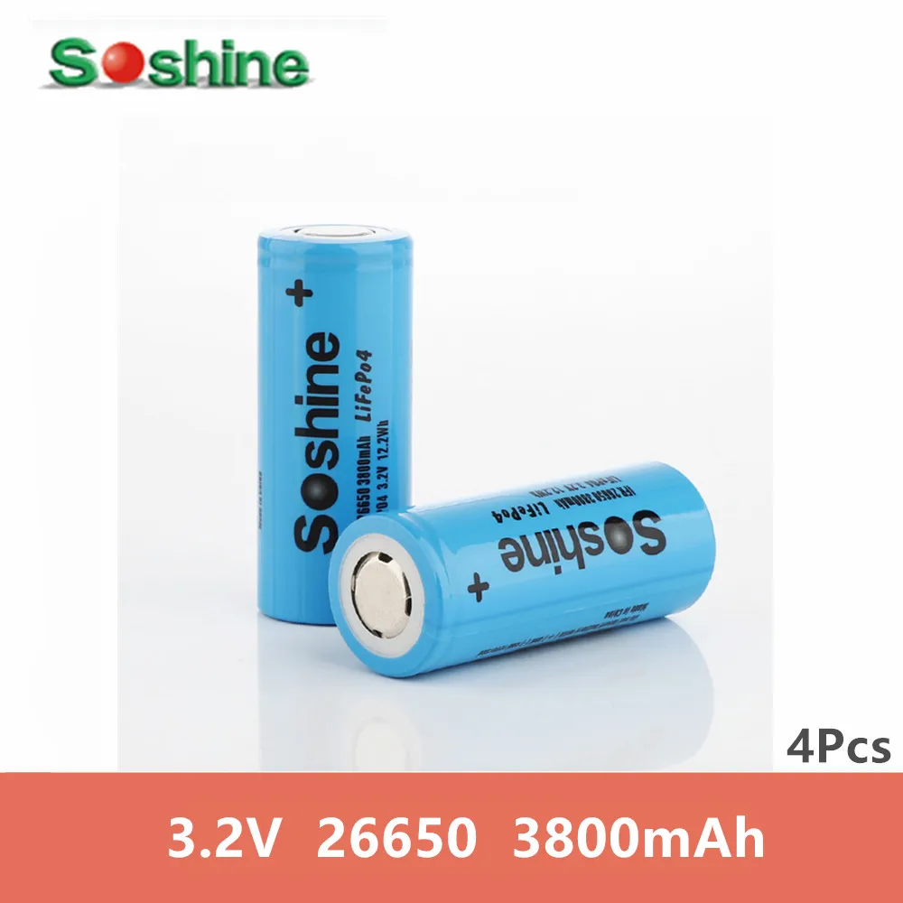 4 шт. аккумуляторные батареи soshine 26650 3800 мАч 3 2 В |