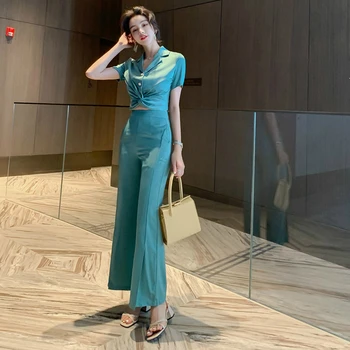 

2020 Summer Korean Casual Elegant Slim Two Piece Set Ladies 2 Piece Set Short Sleeve Green Blazer and Tight Pants Women Suit Set