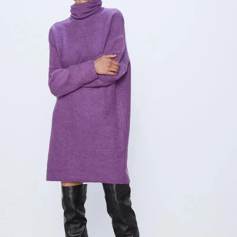 QZ115 осеннее женское фиолетовое платье-свитер с воротником под горло, Базовый стиль, универсальные вязаные платья Vestidos