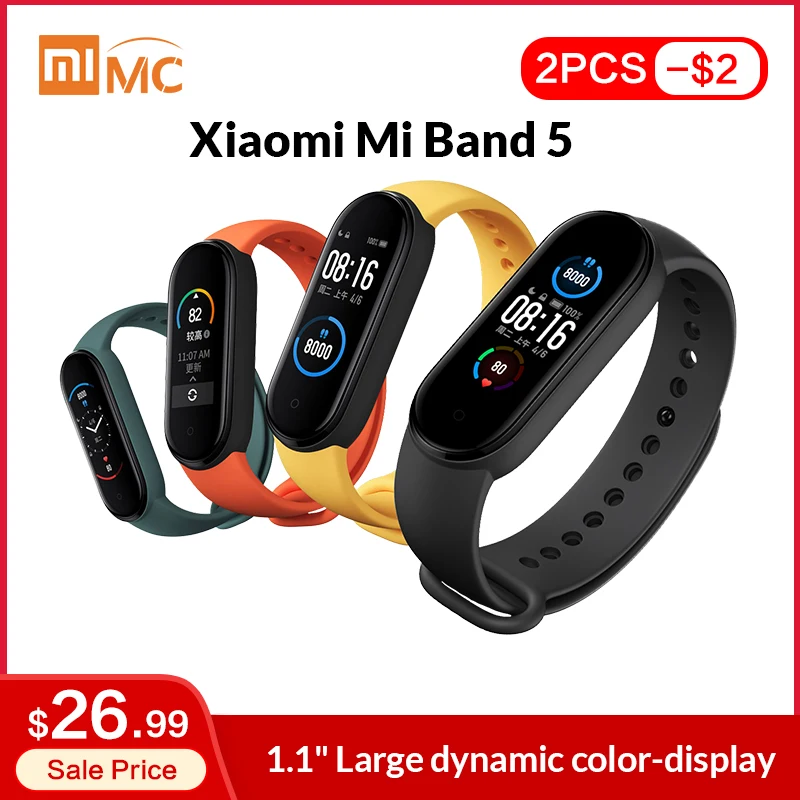  Xiaomi Mi Band 5 Смарт браслет 1,1 "AMOLED цветной экран монитор сердечного ритма фитнес трекер Bluetooth 5,0 водонепроницаемый Miband5 