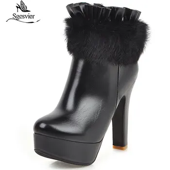 

Sgesvier Fashion 2019 Winter High Heel Boots Ruffles Fur Designer Womens Party Bride Wedding Shoes Red Platform Ankle Boots G800