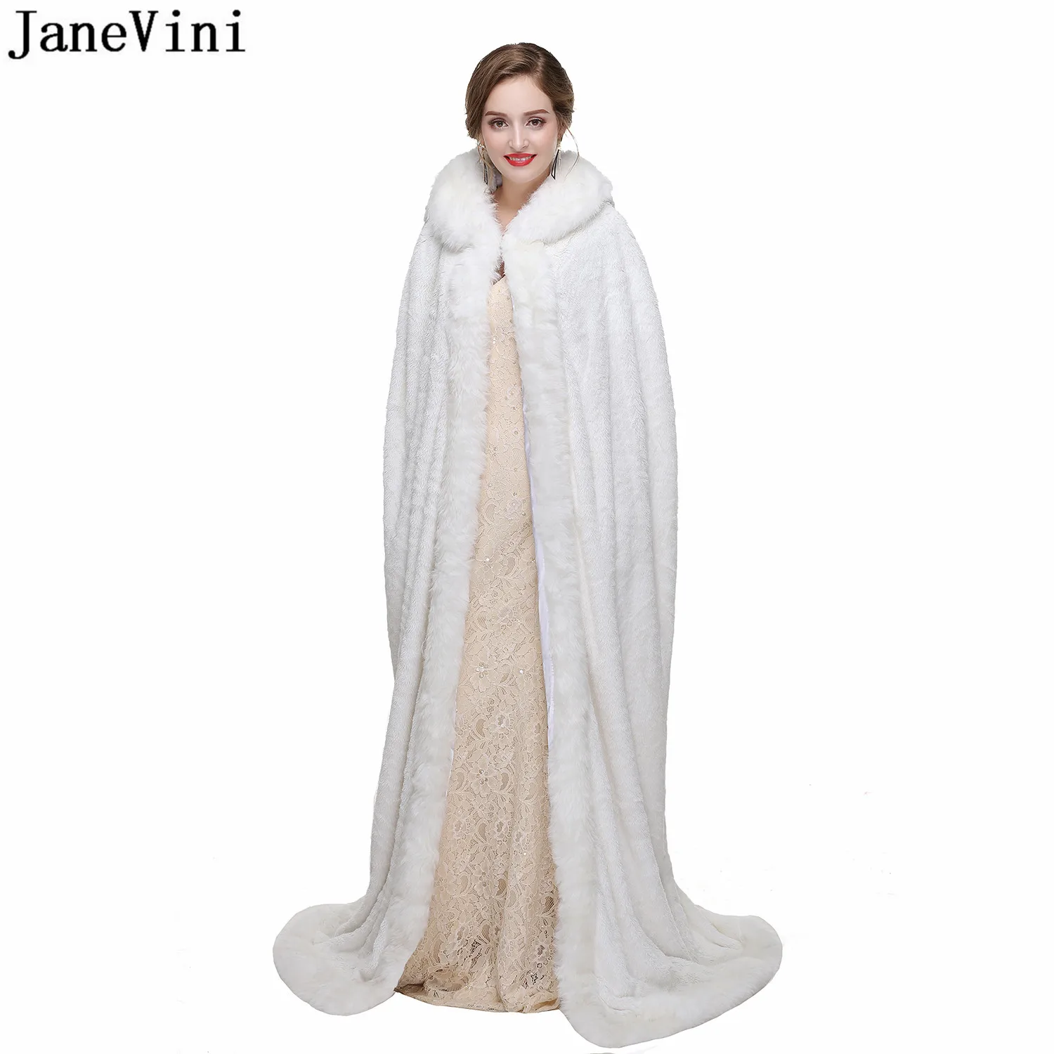 JaneVini Long Formal Elegant Fur Poncho Floor Length Bridal Fur Stola Coat Wraps Winter White Wedding Hooded Faux Fur Shawl Cape