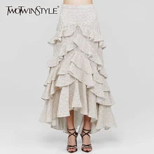 TWOTWINSTYLE, женские юбки с оборками, высокая талия, длина по щиколотку, плиссированная Женская юбка, осень, модная новая одежда