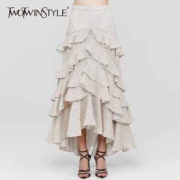 

TWOTWINSTYLE Wave Point Ruffle Skirts For Women High Waist Ankle Length Pleated Skirt Female 2020 Autumn Fashion New Clothing