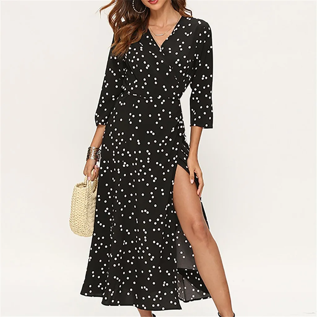 

V Neck Polka Dot Button Front Shirred Waist Boho Long Dress Women Holiday Autumn Bishop Sleeve A Line Maxi Dresses Vestidos#J30