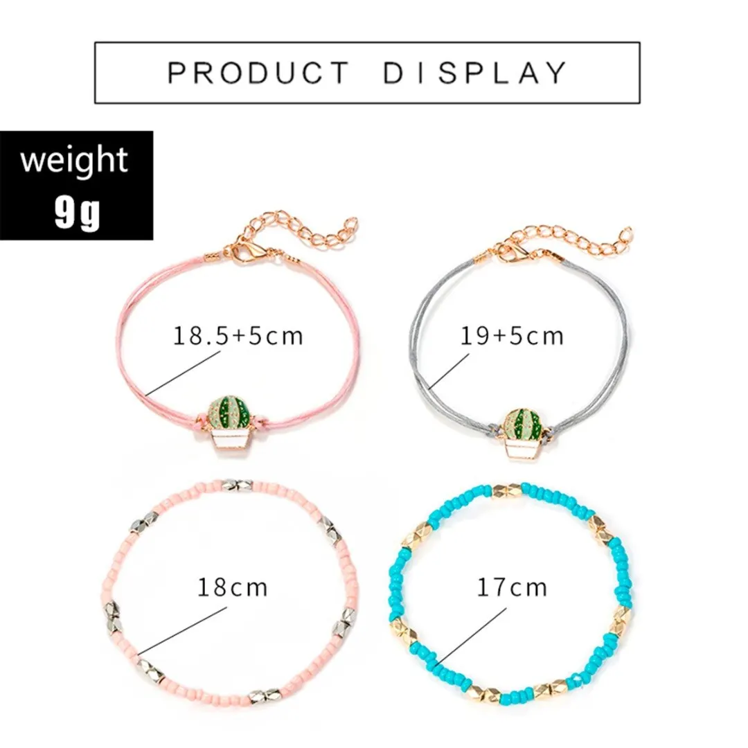 4pcs/set New Cartoon Cute Metal Cactus Rope Chain Charm Bracelet For Women Bohemian Jewelry Statement Beaded Anklet Bangle Gift