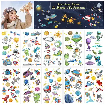 

20 Sheets Outer Space Temporary Stickers with Spaceship Solar System Astronaut Universe for Children NASA Birthday Party Favor