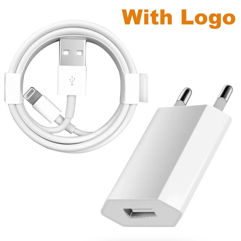 Комплект 1 м USB кабель с европейской вилкой USB зарядное устройство для iPhone 7 8 Plus X XR XS Max 5S 5 6S 6 11 Pro кабель для зарядки данных EU дорожное настенное зарядное устройство - Цвет: Logo Charger n Cable