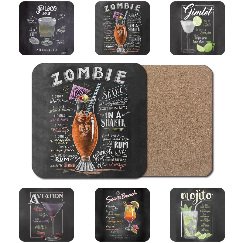 

gimlet aviation mojito bar table room decor wooden pad drink spirits zombie cocktail recipes retro pub chalk drawing art cup mat